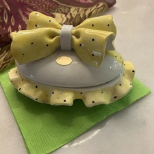 Trinket Box Covered Dish w/ Lid  BOW YELLOW DOTS Made In Italy Hand Painted