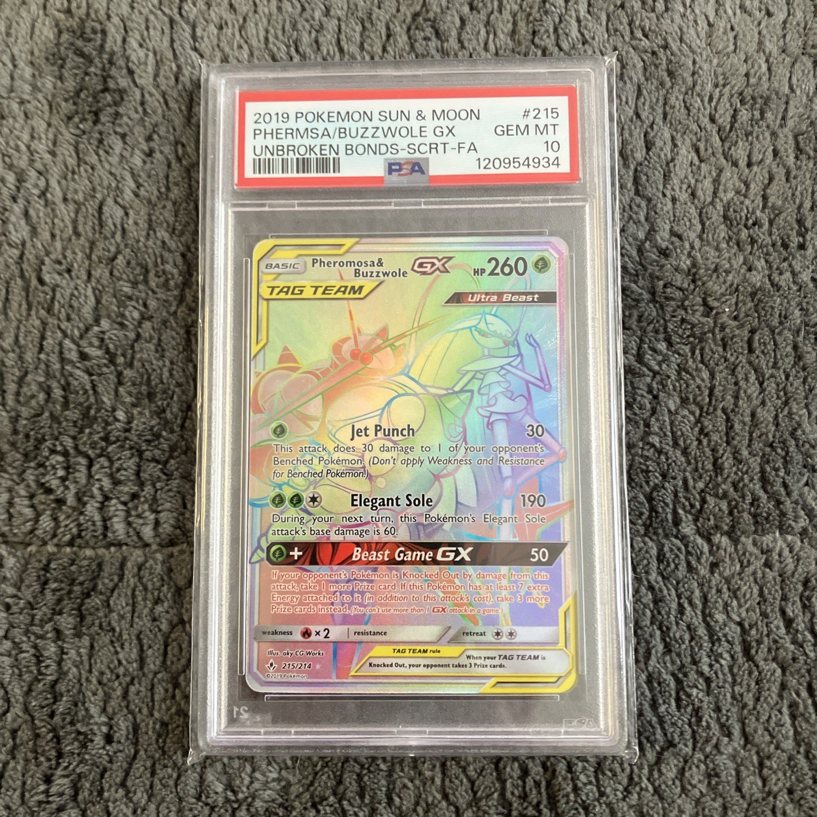 2019 Pokemon Unbroken Bonds PSA 10 Pheromosa & Buzzwole GX Secret Rare #215