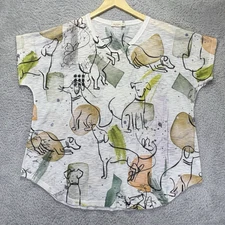 Jess & Jane Large Womens XL Graffiti Short Sleeve Top Dogs Lagenlook Art to Wear