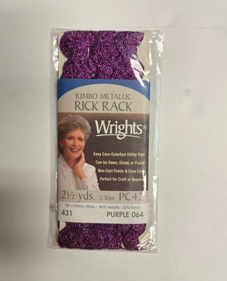 Wrights Jumbo Metallic Ric Rac Rickrack Trim Purple Nylon 5/8in x 2 1/2yd PC42 - Image 1 of 4