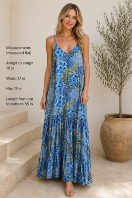 Peixoto Bluflur Dress Blue Mixed Print Maxi Dress Medium NWT Resort Boho...