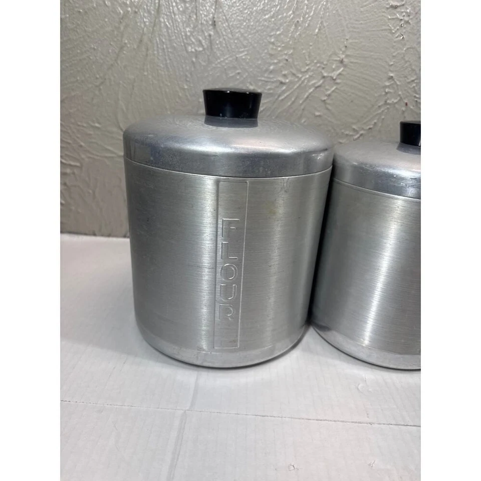 Juego de latas de aluminio hilado MCM de colección harina azúcar café tapas de té grasa negra Foto 2 de 4
