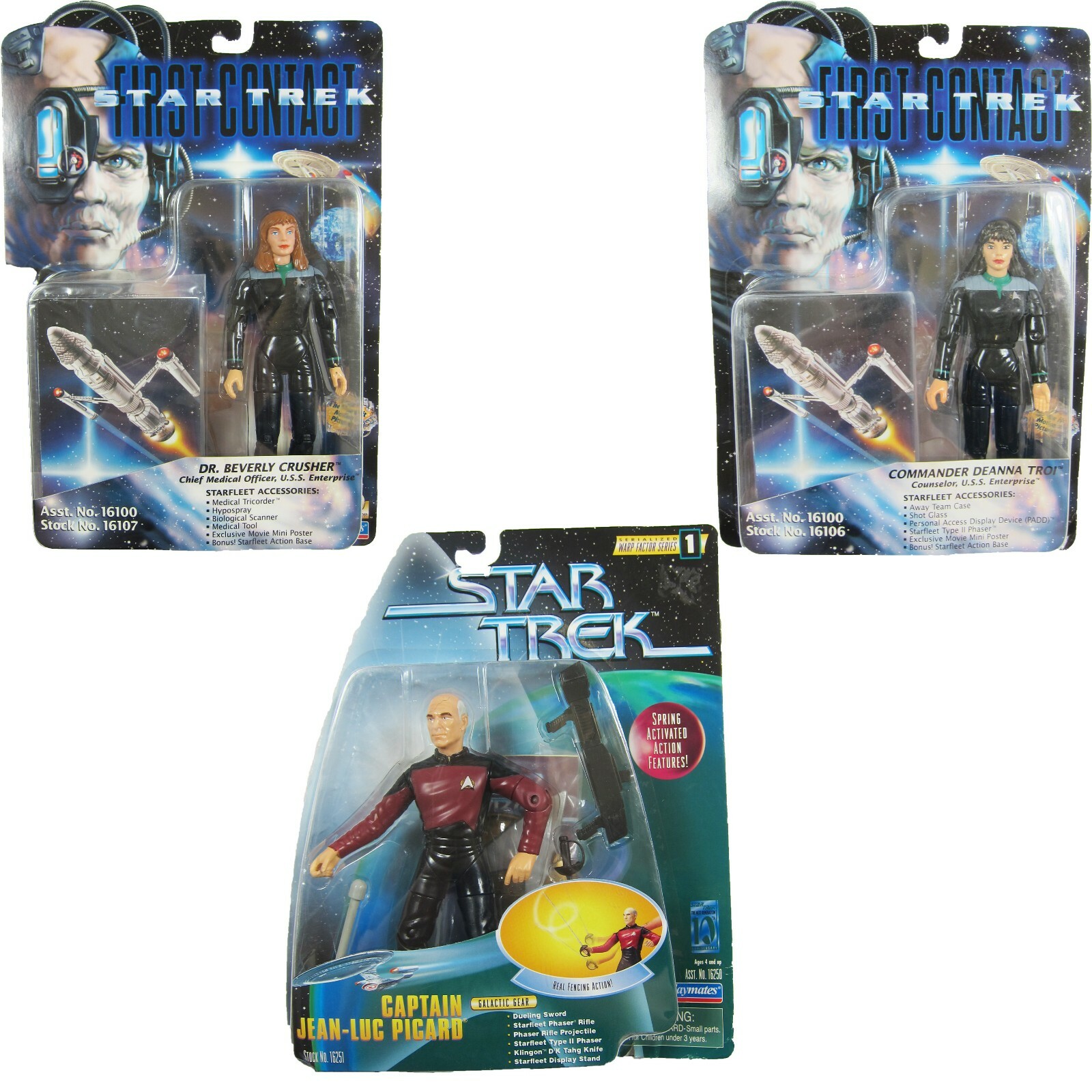 Star Trek Captain Picard, Dr. Beverly Crusher & Deanna Troi Action Figures NEW