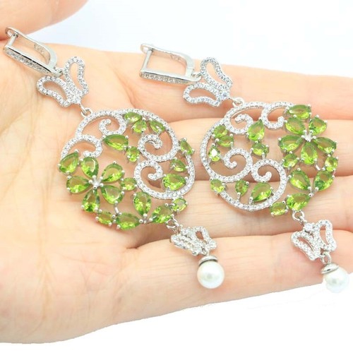 New Arrival Long Size Green Peridot White Pearl CZ Daily Wear Silver Earrings