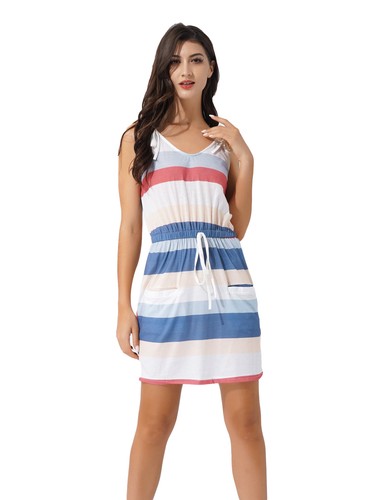Mini vestido informal de verano a rayas sin mangas cuello en V playa informal bolsillo vestido de sol - Imagen 15 de 29