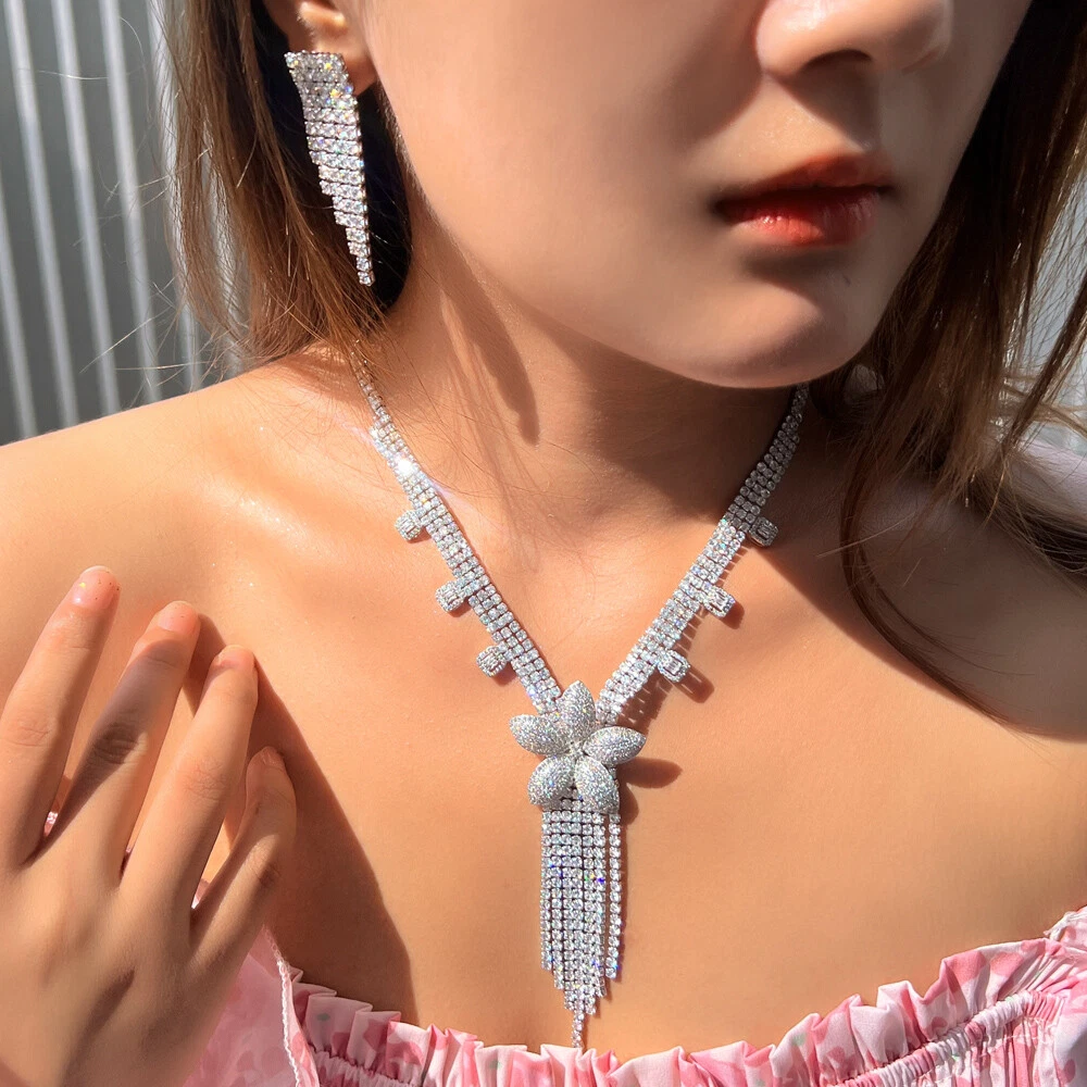 CZ Long Flower Round Tassel Pageant Necklace Earrings Silver