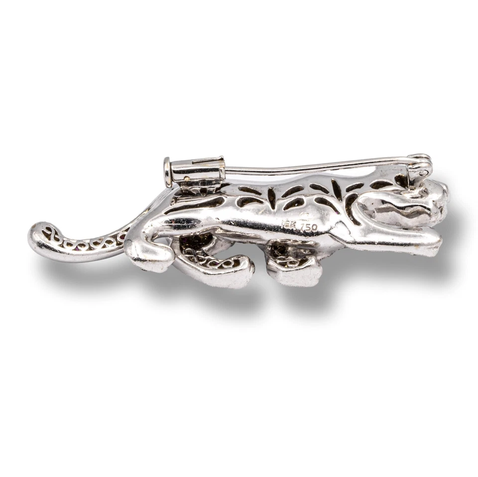 Broche pantera vintage de oro blanco de 18 quilates pavé de diamantes de 2,50 quilates + zafiros rosas Foto 2 de 4