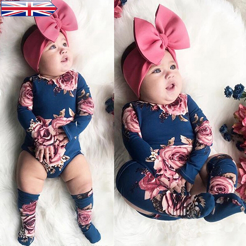 Recién Nacido Bebé Manga Larga Mameluco Grande Floral Mono Niña Cálido Pierna Calcetines Conjunto