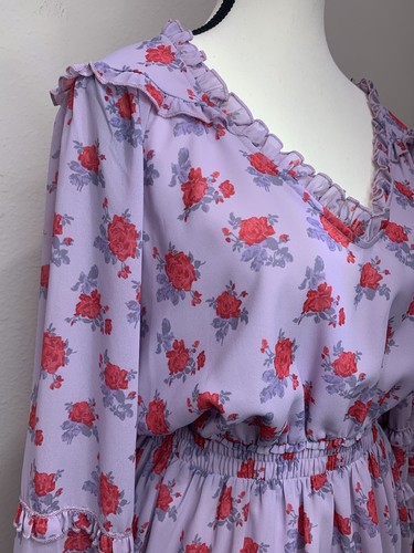 Shabby Chic Women’s Floral Print Ruffle Trim V- Neck Smocked Lined Dress Small - 第 5/22 張圖片