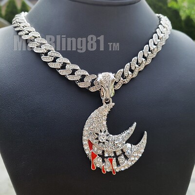 Silver Soul Eater Moon Pendant 16'' 18'' 20'' 24'' Icy Cuban Box Lock Chain Necklace