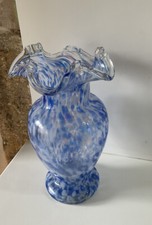 Joli VASE en VERRE style CLICHY MURANO Soufflé bleu blanc mouchete collection