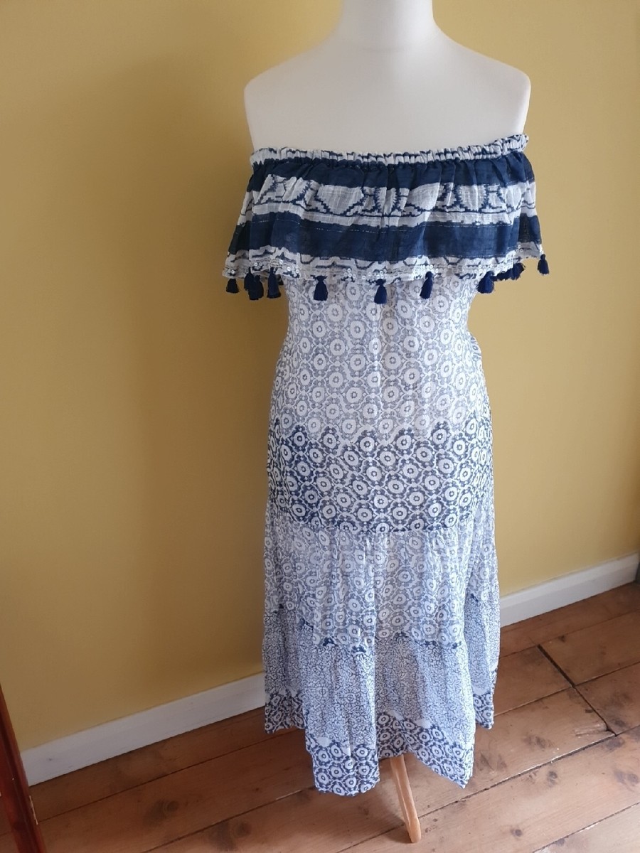 Lula Soul Blue/White Mix Boho Gypsy Embroidered Tasselled Peasant Dress M  BNWOT