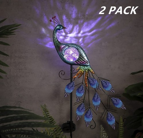2 Pack Solar Lights Metal Peacock Solar Outdoor Garden Stakes Light Yard Decor