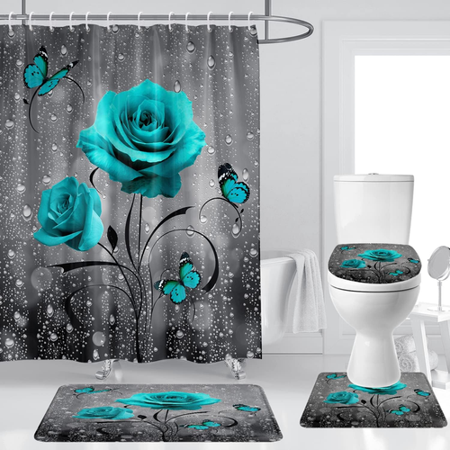 Teal Rose Shower Curtain Set Bathroom Rugs Flower Aqua Bath Mat Non-Slip Soft To