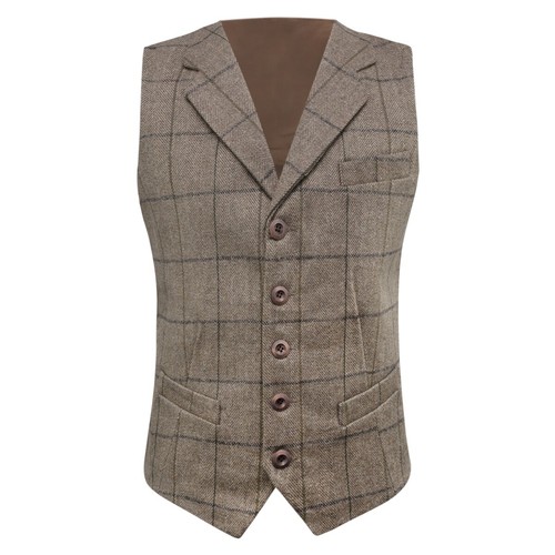 Chaleco De Tweed De Lujo Color Caqui Claro Marrón Con Diseño De Espiga Y Solapa - Imagen 4 de 5