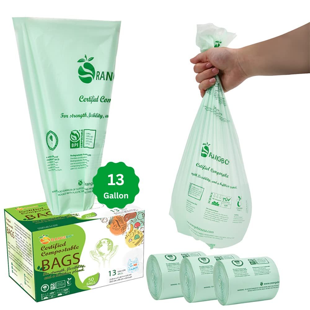 100% Home Compostable Trash Bags 13 Gallon Tall Kitchen, 50 Count, 0.9 Mil, K...