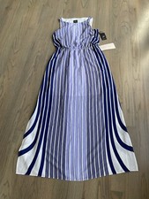 Adrianna Papell Womens Mixed Stripe Maxi Dress Side Slits High Neck Size 10 NWT