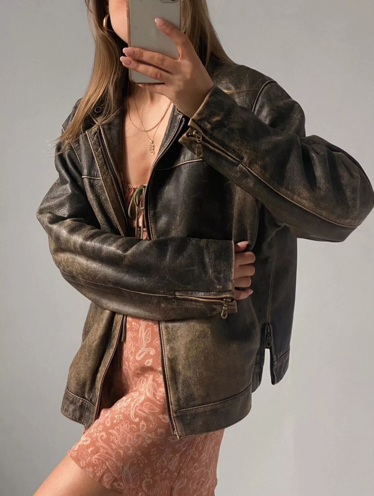 Oversized 60s Brown Leather Jacket - Women's Distressed Handmade Genuine Style