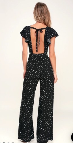 Lulu’s Fine Print Black and White Print Backless Wide Leg Jumpsuit Size S
