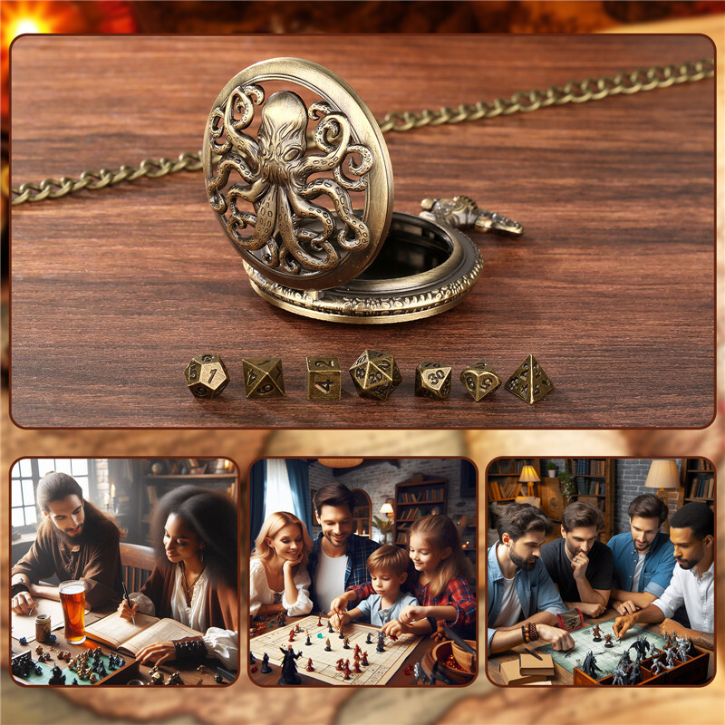 Octopus Steampunk Metal D&D Dice Set - 7-Piece Polyhedral RPG Dice With Storage Box