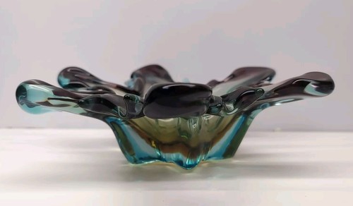 Murano Style Manganese Glass MCM Art Glass Bowl Flower Amethyst And Turquoise - Picture 6 of 10