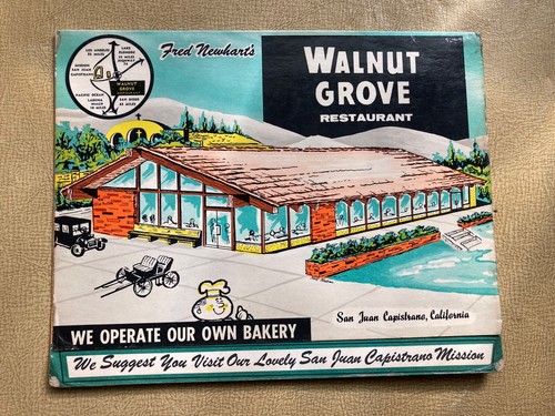 Tolle Farbe!! Vintage 50er Jahre Walnuss Grove Restaurant Speisekarte San Juan Capistrano CA