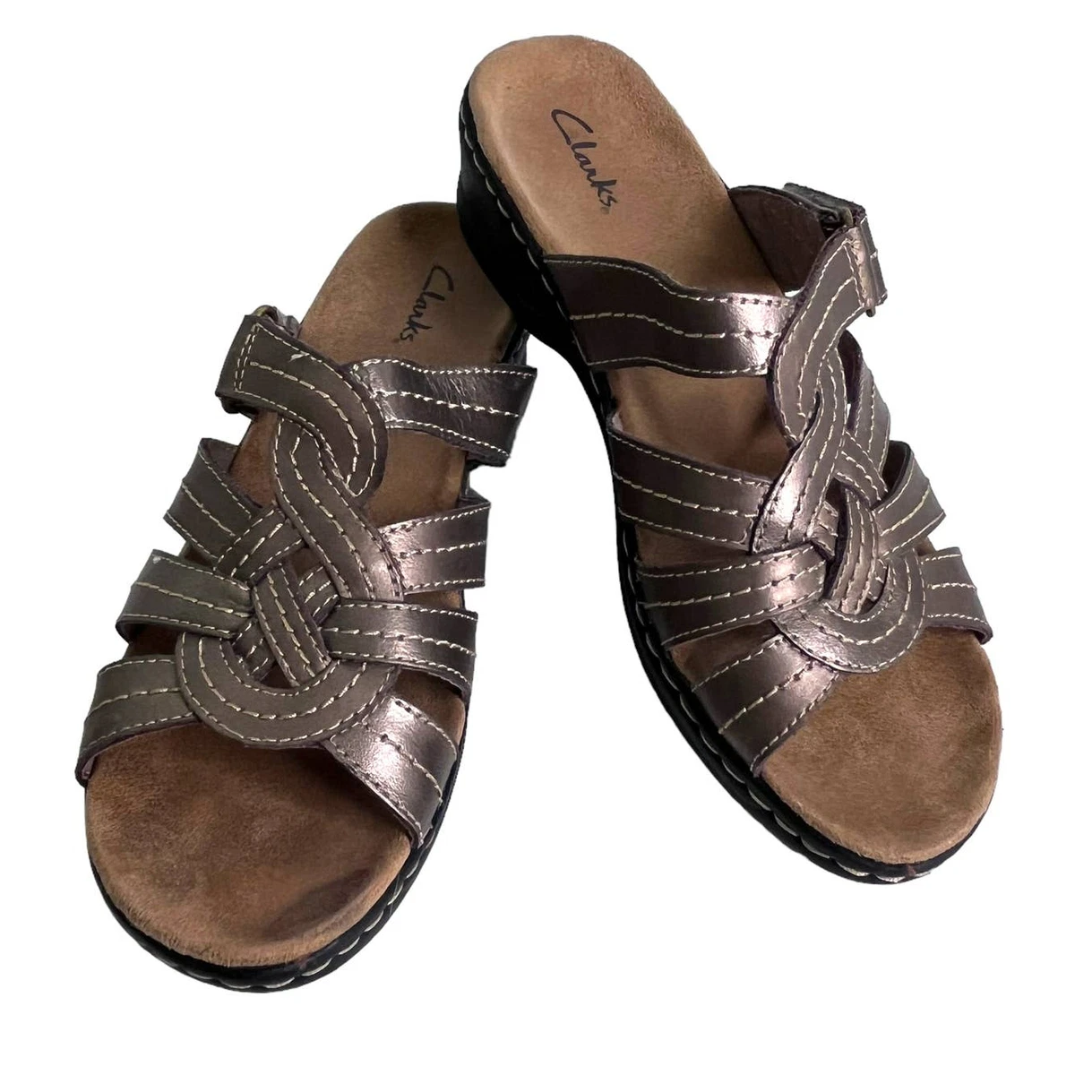 Clarks Lexy Dill Slide Leather Wedge Sandals Metallic Pewter Size 8.5