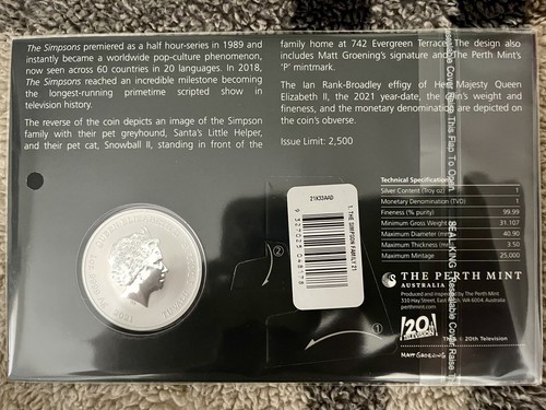 2021 Tuvalu The Simpson Family 1oz Silver Coin in Card - Picture 6 of 9