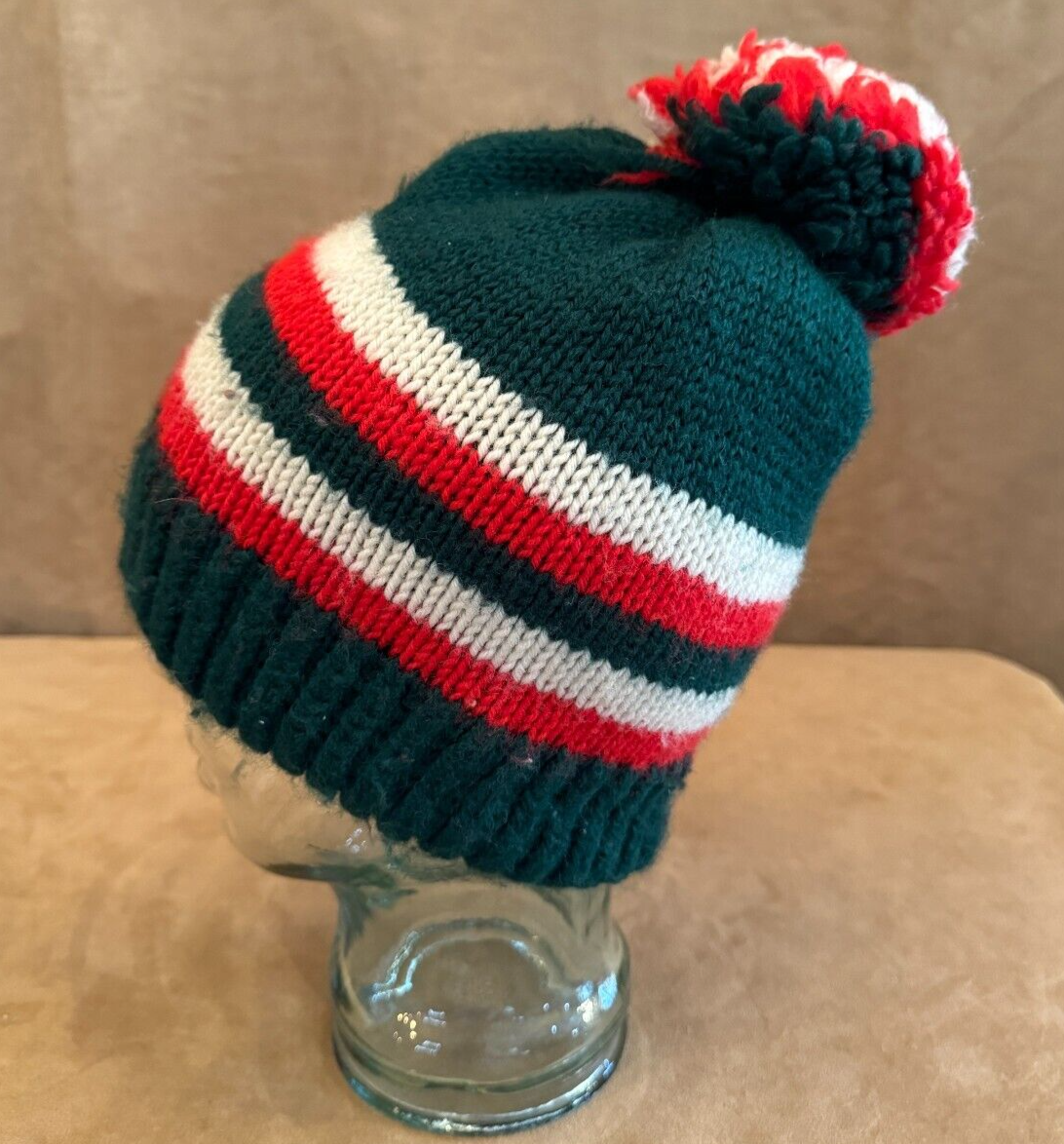 MEISTER Unisex Ski Beanie with New Zealand Wool Giant Pom in Green Stripes