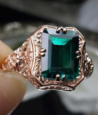 Green Emerald Ring Rose Gold Sterling Vintage Revival Jewelry