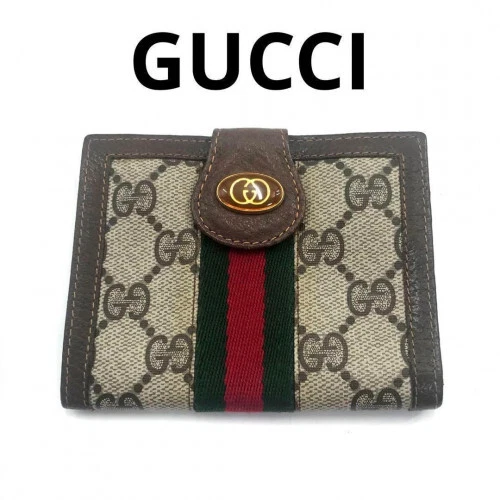 Portefeuille compact double pli GUCCI Web Stripe GG Supreme cuir beige vintage 2293
