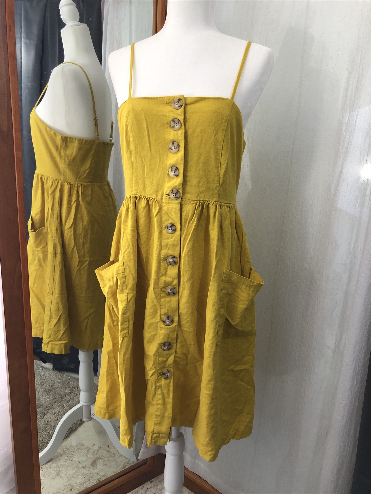 Linen Blend Sun Dress Button Front Mustard Yellow Knee-Length Summer Dress  Sz M | eBay