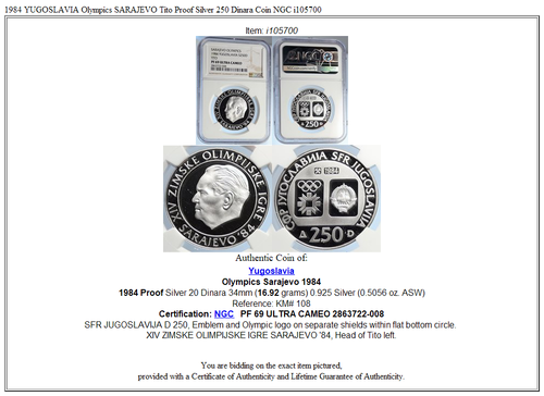 1984 YUGOSLAVIA Olympics SARAJEVO Tito Proof Silver 250 Dinara Coin NGC i105700 - Picture 5 of 5
