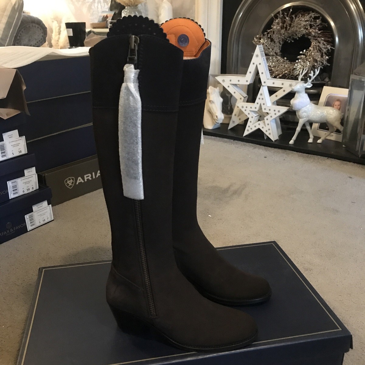 BNIB Fairfax Favor Heeled Regina Boots Chocolate-Navy Suede Regular Uk 