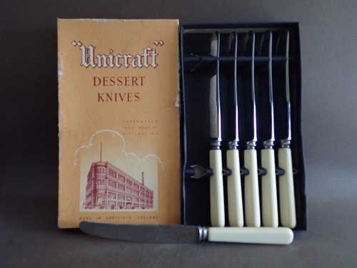 UNICRAFT bone handle DESSERT KNIVES with original box made in England