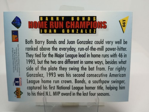 1994 Upper Deck Baseball Fun Pack #199 Barry Bonds/Juan Gonzalez - Picture 2 of 3