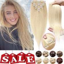 Double Weft Clip In Real Remy Human Hair Extensions Full Head 8 Pieces BLONDE
