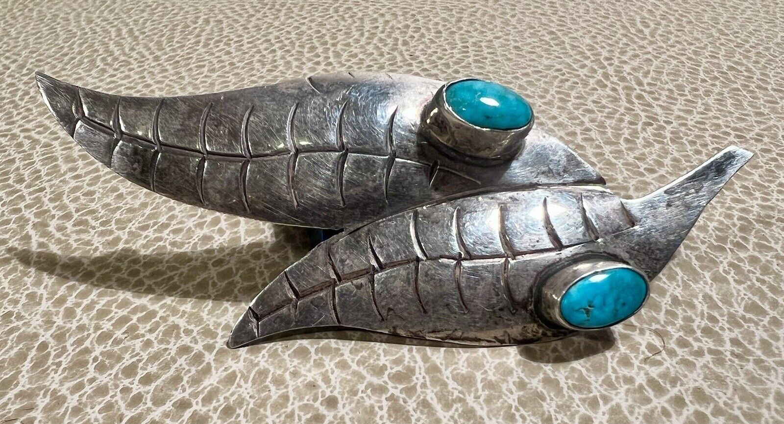 Silver Feathers/ Leaves with Turquoise Stones Bro… - image 3