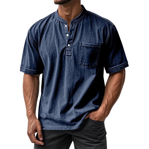 Camiseta de verano lavada de manga corta para hombre con botones Prendas para el torso Cuello redondo Camisetas - Imagen 49 de 54