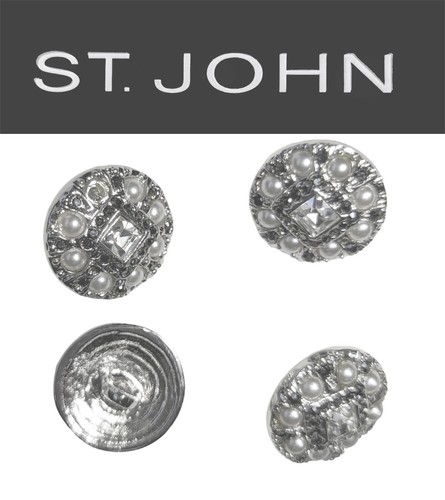 St John Knits (0.6 Inch) Round Silver Tone Pearl Ice & Black Crystal Buttons