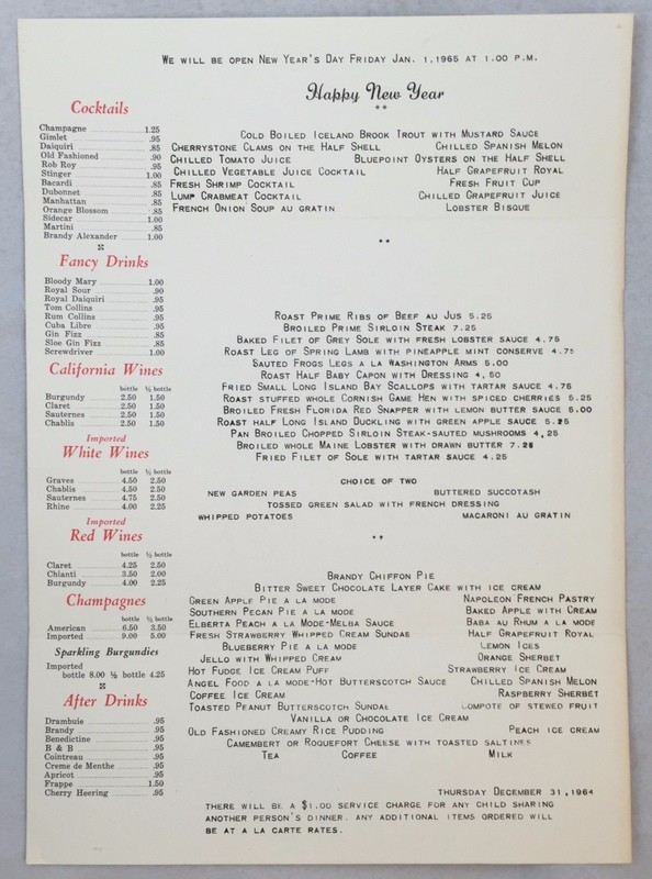 Vintage Menu New Years 196465 Washington Arms Mamaroneck New York eBay