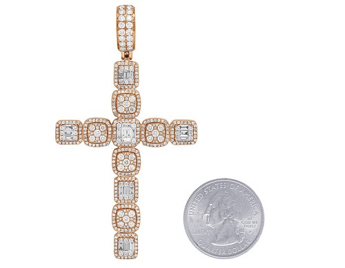 14K Rose Gold Halo Baguette Cluster Real Diamond Cross Pendant 3" 3 1/2CT - Afbeelding 3 van 5