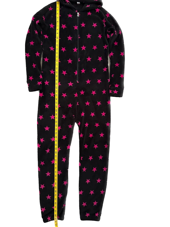 Flirtitude Mujer Cremallera Una Pieza Felpa Con Capucha Sin Pies Negro Rosa Estrellas Talla M Foto 2 de 4
