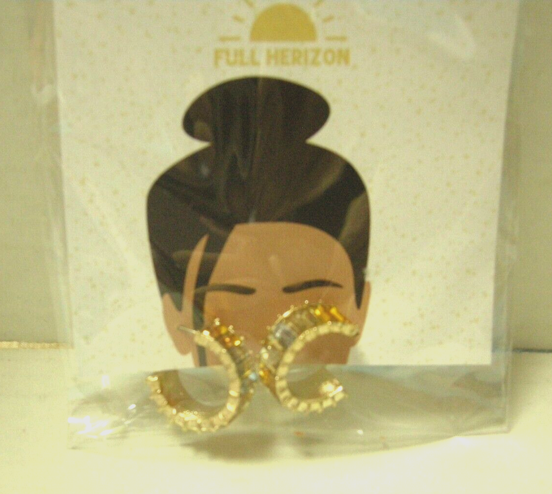 Full Horizon Gold Hoop Earrings with Rhinestone Rectangles 0.75 Inch-image