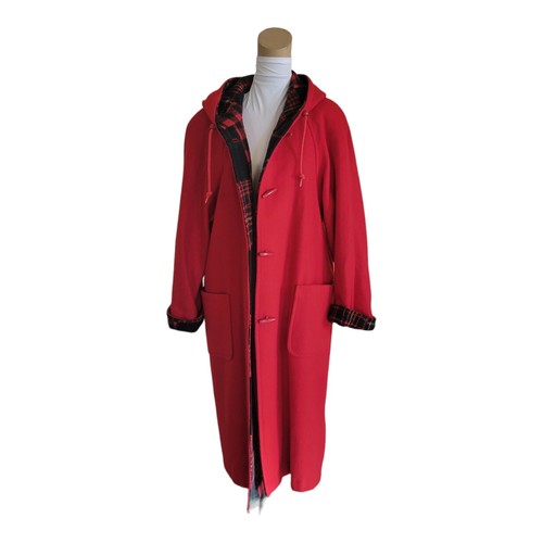Vtg B Moss Red &Plaid Accent Hooded Long Maxi Duster Coat Womens Made USA READ - Picture 2 of 11