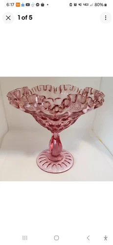 Vintage Fenton Cranberry Pink Ruffled Edge Thumbprint Compote Candy Dish 7"