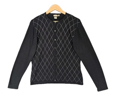 Haley Reserve Silk Cashmere Cardigan Sweater Womens M  Argyle Black Old Money