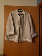 Chicos Linen Open Jacket Embroidered 3/4 Sleeves Beige Size 2 Oatmeal Color EUC