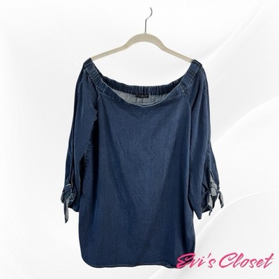 White House Black Market Long Sleeve Chambray Off the Shoulder Blouse Sz L