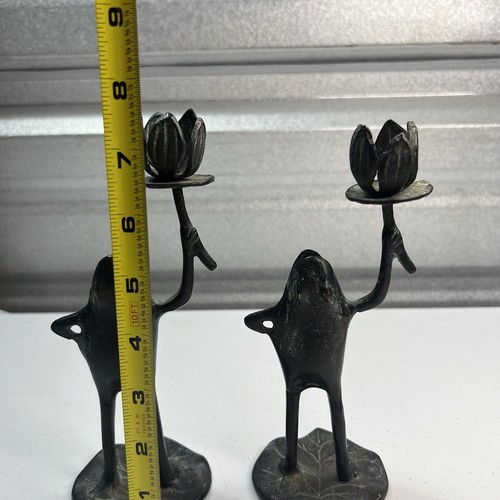 Vintage Bronze Dancing Frog Lilly Pad Single Candle Holder Set Of 2 - Picture 6 of 6